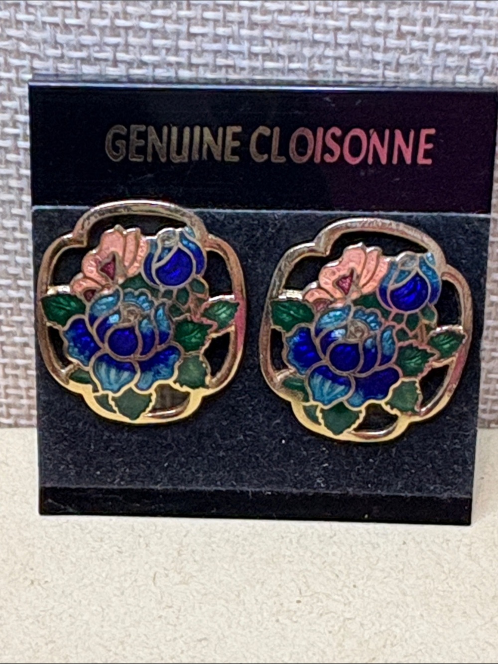 Cloisonné Blue & Green Floral Clip On Earrings